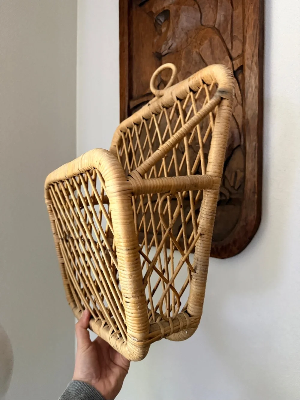 Vintage Rattan Wall Magazine Rack Two Tier Boho